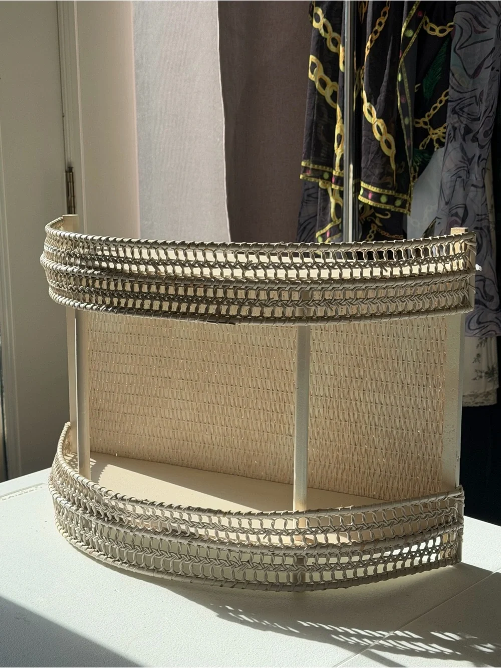 Vintage Curved Woven Wicker Metal 2-Tier Display Shelf Cottage Shabby Chic